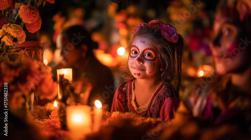 Dia de los muertos celebration: girl with face paint surrounded by candles and marigolds