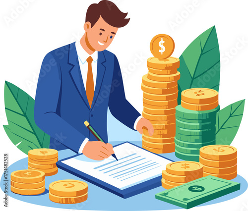 Businessman analyzing finance with coins and paper documents