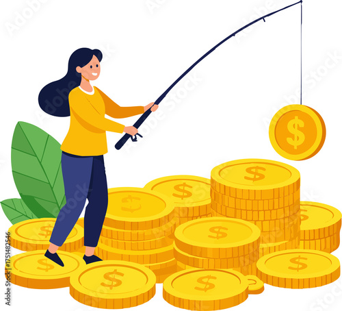 Woman fishing for coins symbolizing income opportunity and financial strategy