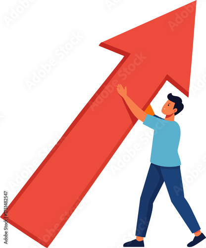 Man holding red upward arrow symbolizing financial success and business growth