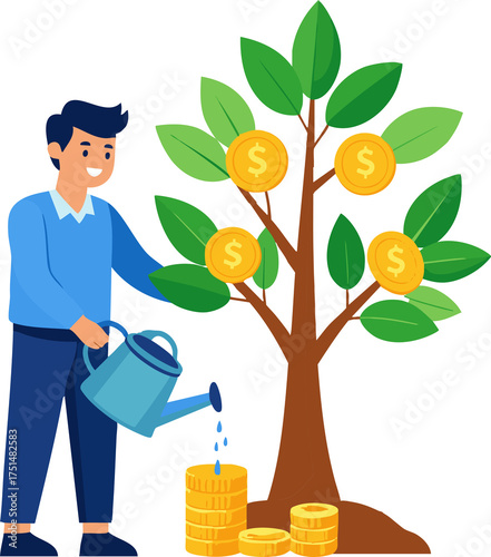 Man watering money tree symbolizing financial growth and investment