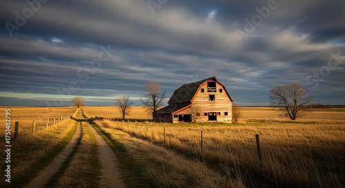 Old barn in a field at sunset with a dirt road leading up to it and a dramatic sky above, creating a sense of nostalgia and rural beauty in the countryside