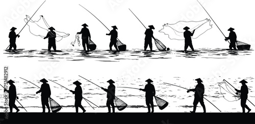 Fishermen silhouettes casting nets, traditional fishing in river, rural livelihood, culture, teamwork, heritage, water activity, nature, occupation, community effort
