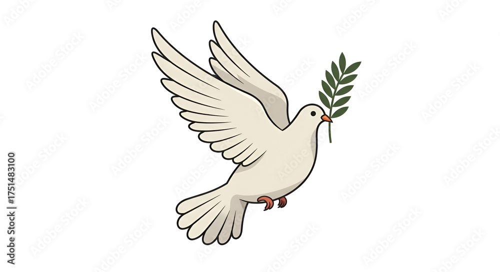 Fototapeta premium Stylized white dove in flight carrying an olive branch against a plain background, illustration.