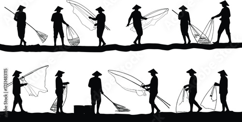 Fishermen silhouettes casting nets, traditional fishing, river life, livelihood, culture, teamwork, rural lifestyle, nature, occupation, water activity, community effort, heritage