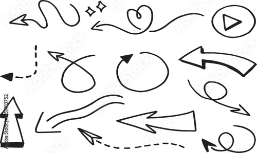 Hand-drawn arrow  collection, vector set of line art graphic design elements. Creative, modern design, artistic and versatile for various design projects