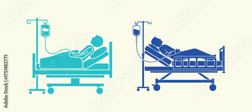 Individual in a hospital bed, receiving an infusion, depicted as a two color silhouette, vector icon.