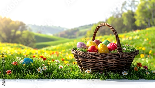 Colorful eggs nestle in a wicker basket amidst a vibrant field