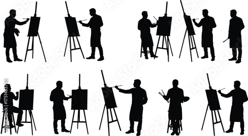 Silhouettes of artists painting on canvas, creative painter working, art studio scene, easel and brush, artistic creation, fine art illustration