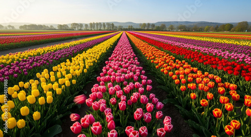 Vibrant tulip field stretching to the horizon, showcasing rows of yellow, pink, red, orange, and purple flowers under a clear sky, a colorful spring landscape