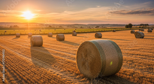 A picturesque sunset illuminates a field dotted with hay bales, their shadows stretching across the golden stubble, evoking a sense of tranquility and rural charm