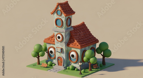 Whimsical cartoon house with googly eyes and a playful design, surrounded by stylized trees and a miniature bench, isolated on white background