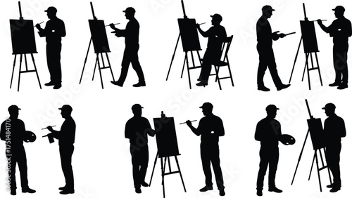 Silhouettes of painters creating artwork on easels, artistic people painting and sketching in studio, creative art design concept illustration