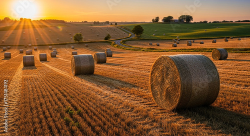 Golden hour bathes a field of hay bales, casting long shadows and highlighting the textures of the harvested crop, creating a serene rural landscape