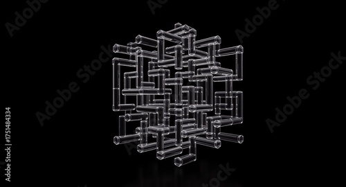 Intricate 3D Render of Transparent Interconnected Tubes Forming a Complex Geometric Cube Structure on a Black Background. Abstract Conceptual Design for Technology, Data Flow, Networking, and Sci