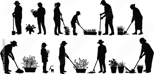 Silhouettes of people gardening, planting flowers and vegetables, working with soil and tools, nature care and outdoor farming concept illustration