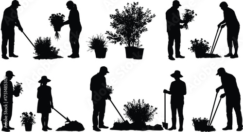 Silhouettes of people gardening, planting and digging soil, working outdoors with plants, eco lifestyle and environmental care concept illustration
