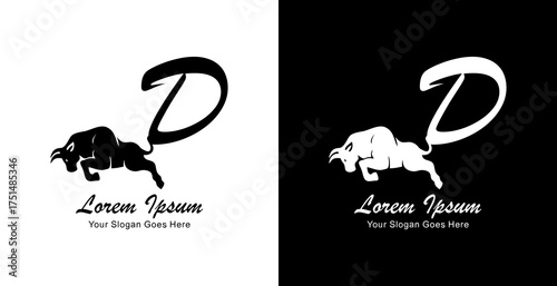 Logo design of a jumping bull with its tail forming the letter D