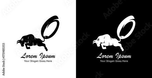Logo design of a jumping bull with its tail forming the letter O