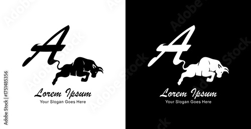 Logo design of a jumping bull with its tail forming the letter A