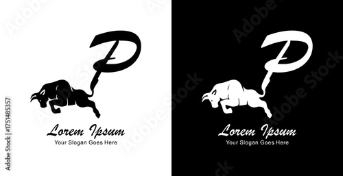 Logo design of a jumping bull with its tail forming the letter P