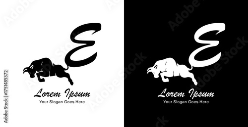 Logo design of a jumping bull with its tail forming the letter E