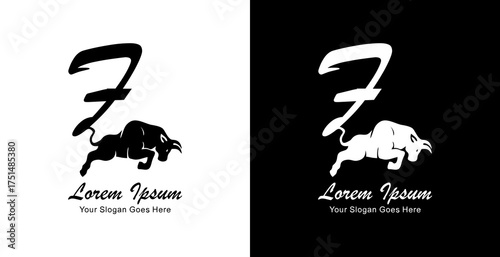 Logo design of a jumping bull with its tail forming the letter F
