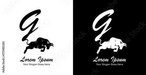 Logo design of a jumping bull with its tail forming the letter G