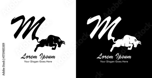 Logo design of a jumping bull with its tail forming the letter M