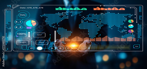 Modern Data Analysis Concept with Global Maps and Charts in Hands of Businessman, Highlighting Technology and Innovation in Data Visualization