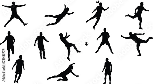 Soccer players silhouettes performing actions, kicking, jumping, sliding, running, teamwork, energy, football game, motion, fitness, competition, outdoor sports, athletic movement