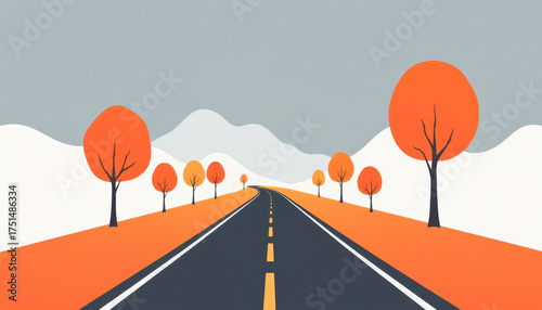 Autumn Orchard Road with Snowcapped Mountains