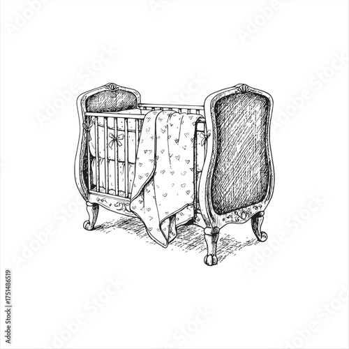 Hand-Drawn Vintage Ornate Baby Crib with Heart Patterned Blanket and Decorative Bows Illustration