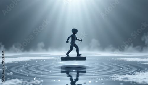 Solitary Humanoid Figure Floating Platform Above T