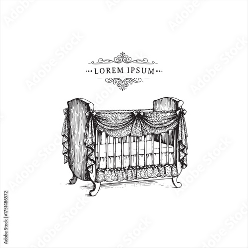 Elegant Hand-Drawn Vintage Baby Crib with Floral Drapes and Decorative Banner Illustration