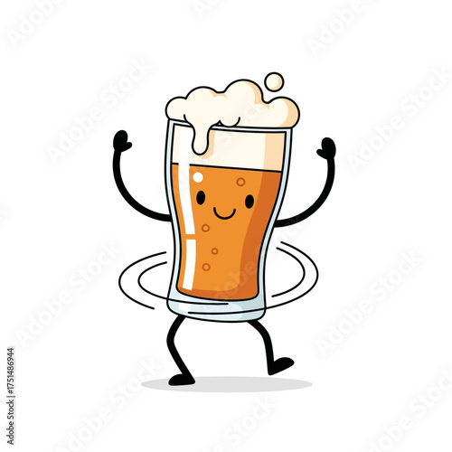 Happy beer glass character with hula hoop isolated on white background, a fun and playful design