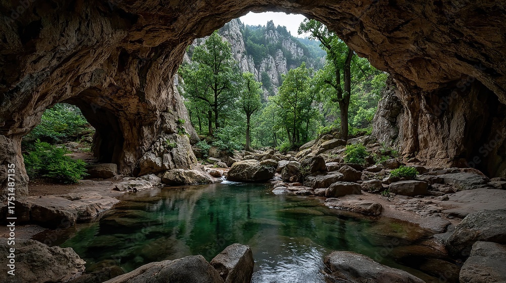 Fototapeta premium Cave Scene with Natural Arch Rock Green Water Pool, Underwater Stones Forest Mountains