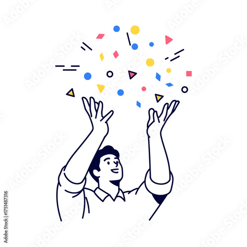 A man catches geometric shapes falling from above isolated on white background vector illustration