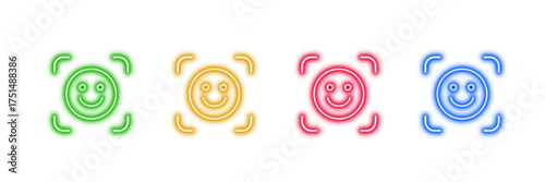 Neon glowing smiling face vector icons set, happy, cheerful, positive, feedback, recognition, colorful digital design illustration on transparent background.