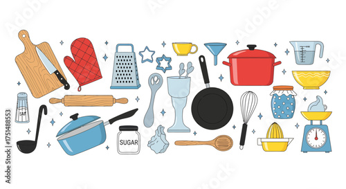 Vector art of collection of kitchen utensils and baking tools