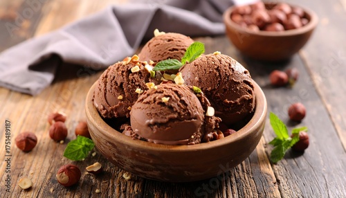 Scoops of chocolate ice cream with chopped nuts and mint garnish