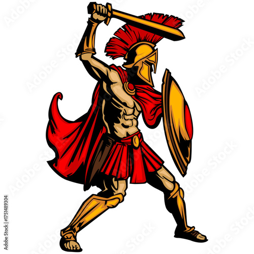 Spartan Warrior: An illustration of a powerful Spartan warrior poised for battle, brandishing a sword and shield, embodies strength and courage.
