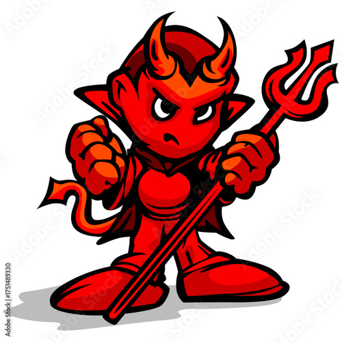 Fiery Demon: An illustrated devil with red skin, horns, and a menacing trident, radiating an aura of mischief and dark energy. 