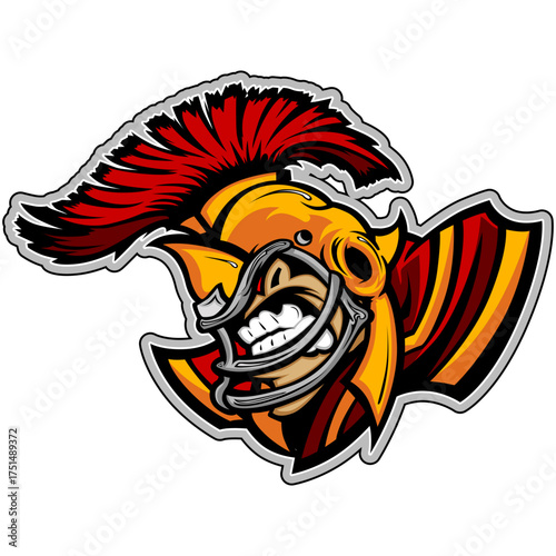 Warrior Helmet Illustration: A striking illustration of a warrior helmet with a menacing expression, its design is dominated by vibrant colors, emphasizing its strength and readiness for battle.