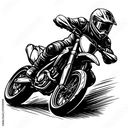 Black and white illustration of a supermoto leaning into a sharp turn on asphalt