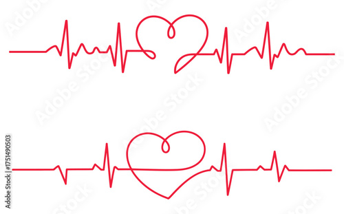 Two interconnected heart shapes integrated into a continuous red electrocardiogram line on white background