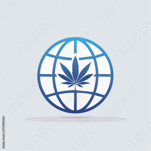 Global Cannabis: A blue world globe with a cannabis leaf symbol in the center