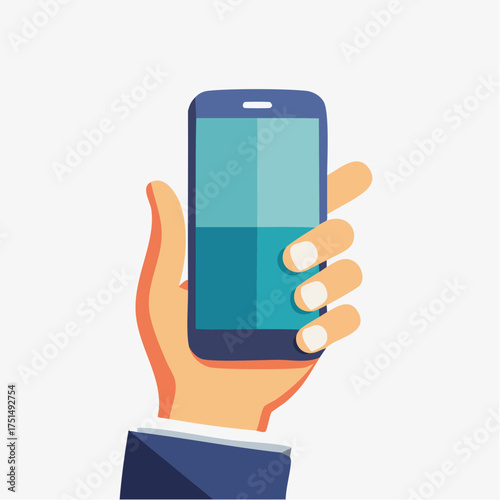 Illustrated hand holding a smartphone with a blank screen for advertising purposes