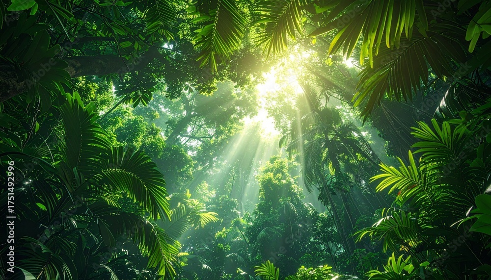 Fototapeta premium Sunlight streaming through dense jungle foliage, illuminating the vibrant green leaves of