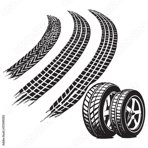 Traces of car, motorcycle tread. Car wheels on disks. vector